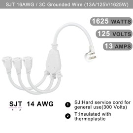 KUNCAN 3-Outlet Extension Splitter Cord - White 2-Pack Low Profile Wall Head 1 to 3 Way Power Splitter Cord, 45-Degree 3 Prong Flat Plug 1FT 16AWG 13A 125V 1625W NEMA 5-15P to 3X NEMA 5-15R
