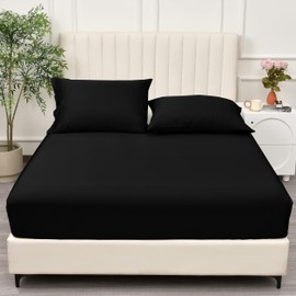 BQC Microfiber Fitted Sheet 30 Cm Deep Premium Quality Bed Sheet Soft & Comfy Bottom Sheet Shrinkage & Fade Resistant (Black, Super King)