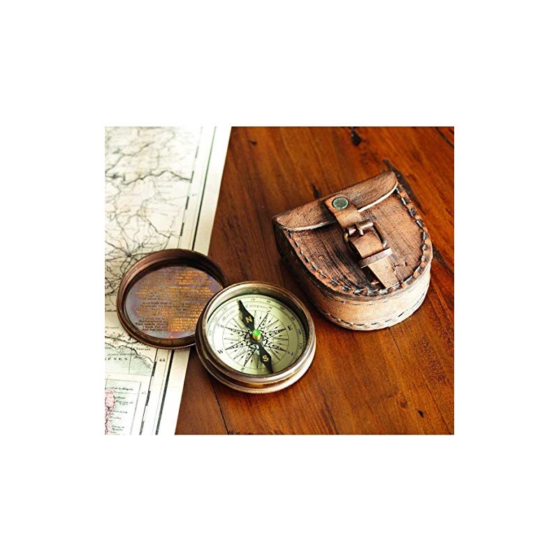 Antiqued Brass Poem Compass With Leather Case