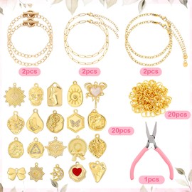 Landical 47 Pcs Gold Bangle Charm Bracelet Making Kit DIY Jewelry Making Kit 6 Pcs Gold Bracelets 20 Pcs Multi Pendants 20 Pcs Open Jump Rings 1 PC Jewelry Plier for Women
