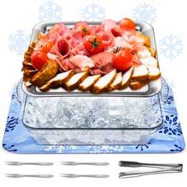 Meanplan 8 Piece 9" Serving Tray with Ice Underneath and 11.8" Freezable Ice Mat Chilled Serving Tray Cold Served Trays for Parties Iced Charcuterie Food Buffet Seafood Veggie Shrimp Appetizer