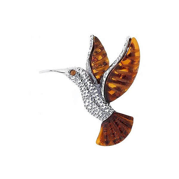 Hummingbird Bird Sterling Silver Amber Brooch - Vintage Style Brooch