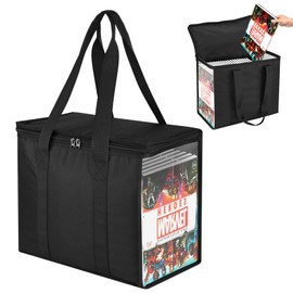 Comic Book Storage Tote, 600D Collapsible Comic Book Case for 160-180 Comics, Comic Book Box Holder with Carrying Handles & Clear Window, Comic Book Bin Container Holder, 15.35''X7.5''X12.2'' (Black)