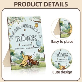 55Pcs Classic Winnie Baby Shower Sign Kit, Including 1 Winnie Decorate Block Game Sign, 30 DIY Blank Wooden Block and 24 Painting Pens, Perfect for Baby Shower Party Game