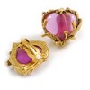 Large Pink Glass Heart Clip On Earrings in Aged Gold