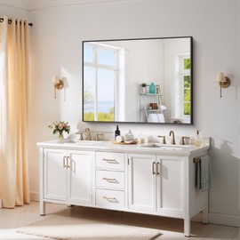 YIROMAN Bathroom Mirror for Wall 48"x36", Large Matte Black Bathroom Mirror with Metal Frame, Rectangular Vanity Mirror with Right Angles, Hangs Horizontal or Vertical for Living Room