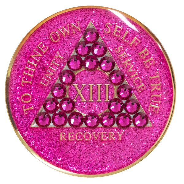 Recovery Mint 13 Year Pink Glitter Fuscia Crystallized Tri-Plate Alcoholics