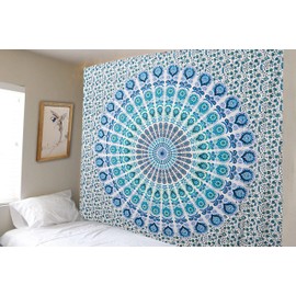 FURNISHFUL FINESSE Peacock Mandala Tapestry for Bedroom Living Room Décor, Cotton Boho Bohemian Wall Hanging Tapestries - 84x90 Inches, (Sky Blue & White)