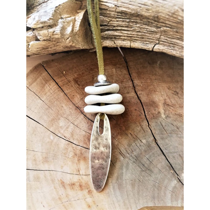 Hag Stone Necklace with Long Drop Silver Pendant, Wiccan Fairy