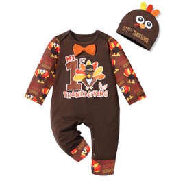 Aulyffo My First Thanksgiving Baby Boy Outfit 3-6 Months Thanksgiving Baby boy Clothes Long Sleeve One Piece Jumpsuit + Turkey Hat 2PCS Baby Thanksgiving Outfit