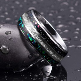 THREE KEYS JEWELRY Mens Galaxy Rings 8mm Unique Meteorite Tungsten Carbide for Man Ring Green Stone Wedding Band Gifts Bands Rings for Men Sliver Size 7