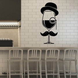 Glass of Wine Vinyl Wall Decal Gentleman Hat Mustache Stickers Mural (k143) Black