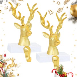 LANLISA Christmas Stocking Holders for Mantle, Xmas Gold 3D Reindeer Stocking Hangers for Mantle, Mantel Stocking Holder - 2 Pack