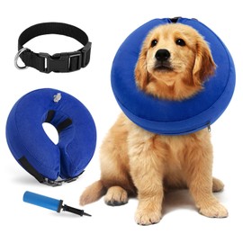 SlowTon Dog Cones Recovery Collars Inflatable, Soft Comfy Dog Cone Collar Protective for Small Medium Large Dogs and Cats After Surgery, Neck Donut E-Collar for Pet Does not Block Vision(Medium+,Blue)