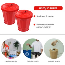 Operitacx Pack of 2 Galvanised Dustbin with Lid, Mini Waste Paper Basket, Small Metal Buckets with Lid, Mini Table Waste Bin, Mini Rubbish Bin, Metal Flower Pot, Pen Holder, Red