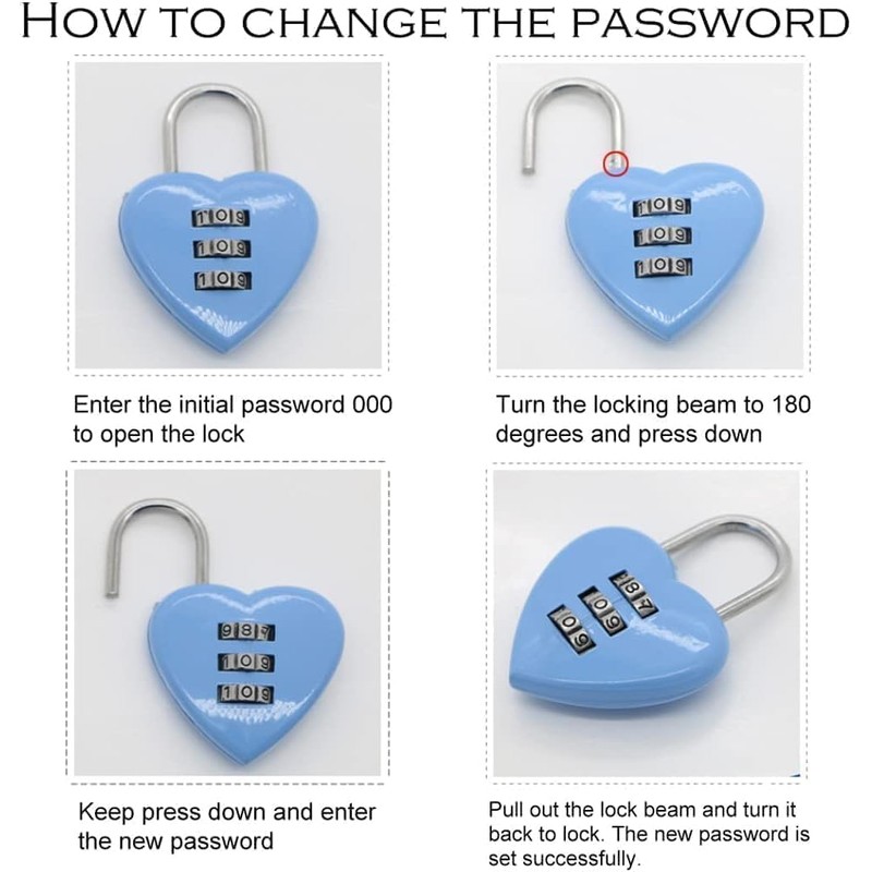 Pink Love Heart Shape Combination Padlock, Mini 3-Digit Password Resettable