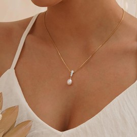 Pearl Pendant Necklace for Women Single Freshwater AAAA Pearl with Sparkling 3 Cubic Zirconia 18K Gold Plated Necklace