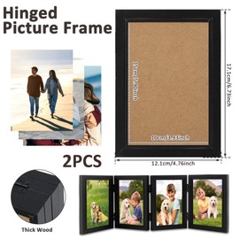 HGQiviut Wooden Hinged Picture Frames 4x6 inch Foldable Photo Frame with High Definition Glass 4 Opening Photo Frame Black Color Picture Frames for Desktop Birthday Gifts (2 Pcs)