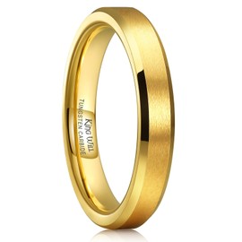 King Will 4mm Gold Tungsten Wedding Band Basic Wedding Ring For Men with Brushed Matte Surface Beveled Polished Edge Comfort Fit 9.5