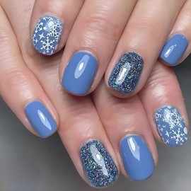 24Pcs Christmas Nails Press on Nails Short Square Fake Nails with Glue White Snow Snowflake Stick on Nails Winter Xmas Blue Glossy False Nails for Women and Girls DIY Manicure Xmas Nail Decoration