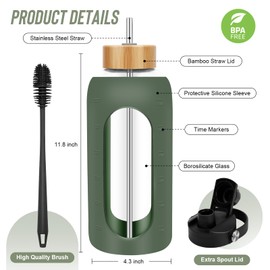 FULBEVY Glass Water Bottles 64 oz - Half Gallon Large Motivational Daily Water Intake Bottle Time Marker - Glass Water Bottle With Straw, Silicone Sleeve 2 Lids, Handle Spout & Bamboo Lid