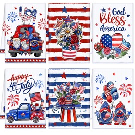 Tudomro Set of 6 4th of July Patriotic Kitchen Towels American Flag Stars Dish Towels Beach Cloth Tea Towel Red Blue Star Tea Towels, Housewarming Gift (Bright, Cute)