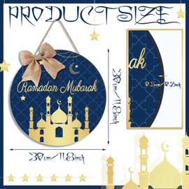 Shellwei Ramadan Door Sign for Front Door Ramadan Kareem Door Hanger Wreaths Eid Mubarak Wooden Hanging Decor Eid Mubarak Moon Welcome Sign for Front Porch Wall Pediments Decorations