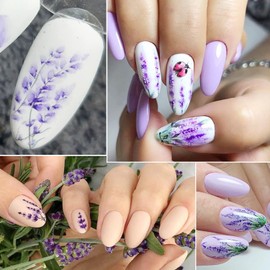Lavender Nail Art Stickers Decals, Purple Flower 3D Nail Self-Adhesive Sticker Designs Summer Butterfly Floral Tulip Leaf Nail Transfer Decal Acrylic Supplirs for Women, Resin Blossom Nail Decorations