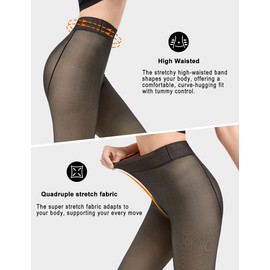 SAFSOU Fleece Lined Tights For Women Sheer Fake Translucent Winter Thermal Pantyhose Opaque Warm Thick High Waist Leggings-Small