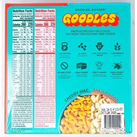 Goodles Mac & Cheese Variety Pack. 8 x 6 oz boxes. 4 Cheddy Mac & 4 Shella Good. 14g Protein, 6g Fiber with Prebiotics, 21 Plant-Based Nutrients and Made with Real Cheese.
