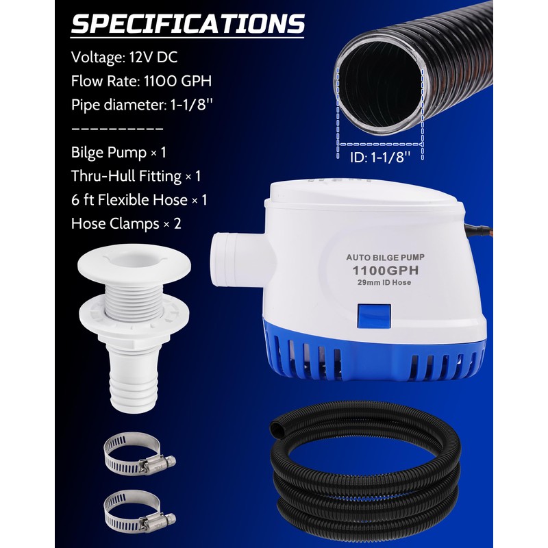 12V Automatic Boat Bilge Pump Kit, 1100GPH DC Marine Pump