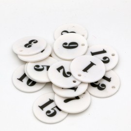 HAKITAROOM 1.4inch Ultraviolet Plastic Laser Round Number Tags ID Keychains for Dormitory Keys Markers for Lockers Pub Supermarket Hotel House Luggage Identification with Holes (1-16, White)