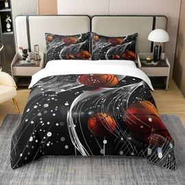 Feelyou Basketball Comforter Cover Full Size Sport Theme Basketball Comforter Cover for Teens Geometric Line Black 100% Cotton Duvet Cover Gaming Quilt Cover Easy Care Bed Set for,No Comforter