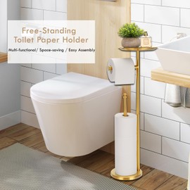 Kalitro Toilet Paper Holder Freestanding with Big Shelf, 4 Rolls Reserve Paper Holder Stand, Modern Paper Roll Holder with Storage Space for Phones (Gold)