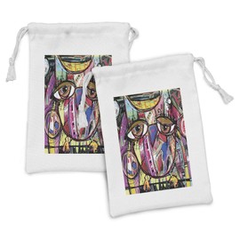 Lunarable Abstract Fabric Pouch Set of 2, Digital Painting of an Abstract Owl Animal Eyes Humor Fun Cartoon Doodle, Small Drawstring Bag for Toiletries Masks and Favors, 9" x 6", Multicolor