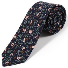 Mens Floral Tie | Cotton Printed Skinny Necktie for Wedding | Spring & Summer - Floral Navy