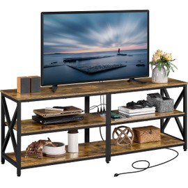 Yaheetech TV Stand with Power Outlet, Industrial TV Stand for 75 Inch TVs, Media TV Console Table with Open Storage Shelves for Living Room, Rustic Brown