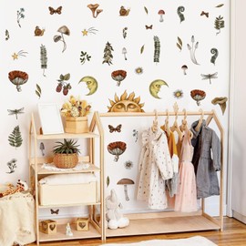 Mushroom Wall Stickers Mushroom Wallpaper Decor Vintage Floral Wall Decals Peel and Stick for Bedroom Rustic Leaves Forest Butterflies Wall Art Mural Vinyl Stickers for Kitchen Living Room Home Decor