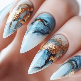 Marble Press on Nails 24Pcs Glossy Gold Glitter False Nails Blue Gradient Acrylic Medium Almond Fake Nail Sparkly Curve Line Stick on Fingernails Flowing Sand Gel Glue on Nail for Coquette Women Girls