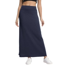 Urban CoCo Women's High Waist A-Line Maxi Skirt Comfy Ribbed Knit Long Skirt(M,Navy Blue)
