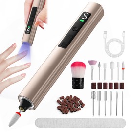 Cordless Electric Nail Drill with UV Light Lamp, 14 in 1 Electric Nail File Drill, 5 Speed LCD Display Rechargeable Professional Manicure Pedicure Kit(Gold)