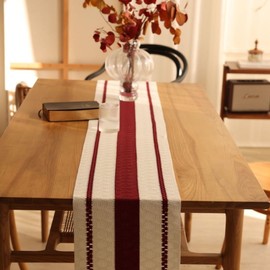 Macrame Table Runner, Farmhouse Cream Beige Table Runner with Tassels , Rustic Splicing Christmas Woven Table Mat for party Wedding Dinner Table Decor (Red stripe pattern, 30 X 180 CM)