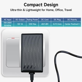 UL Listed 12V 1A Power Supply Adapter, 1000mA 12W 6ft Long AC DC Switching Power Adapter Cord for DC 12V 1000mA 900mA 800mA 700mA 600mA 500mA 400mA 300mA 200mA 100mA Electronics