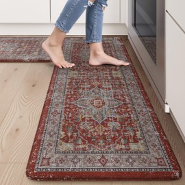 Sungea Vintage Red Kitchen Rugs Sets of 2, Anti Fatigue Kitchen Mats for Floor, Meomory Foam Kitchen Mat Non Slip Runner Carpet, Waterproof Standing Mat for Sink,Laundry,Office