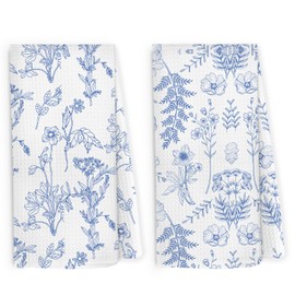 Pugwak Vintage Flower Kitchen Dish Towels 16x24 Inch Set of 2, Aesthetic Botanical Floral Tea Towel Gifts for Women Girls, Blue and White Chinoiserie Decorative Hand Towels Tea Towels