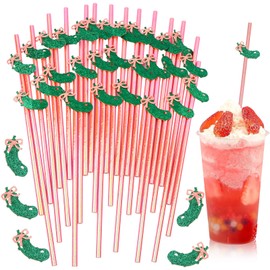 100Pcs Funny Pickle Bachelorette Party Supplies Pickle Straws Shiny Foil Pink Straws with Glitter Cucumber Bow Coral Pink Paper Drinking Straws Bachelorette Weddings Birthday Cocktail Decor