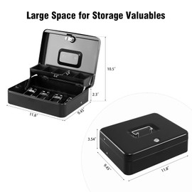 KYODOLED Locking Cash Box with Top Lock,Money Box with Cash Tray,4 Bill/5 Coin Slots,Lock Safe Box with Key,Money Saving Organizer,11.81Lx 9.45Wx 3.54H Inches,Black XL Large