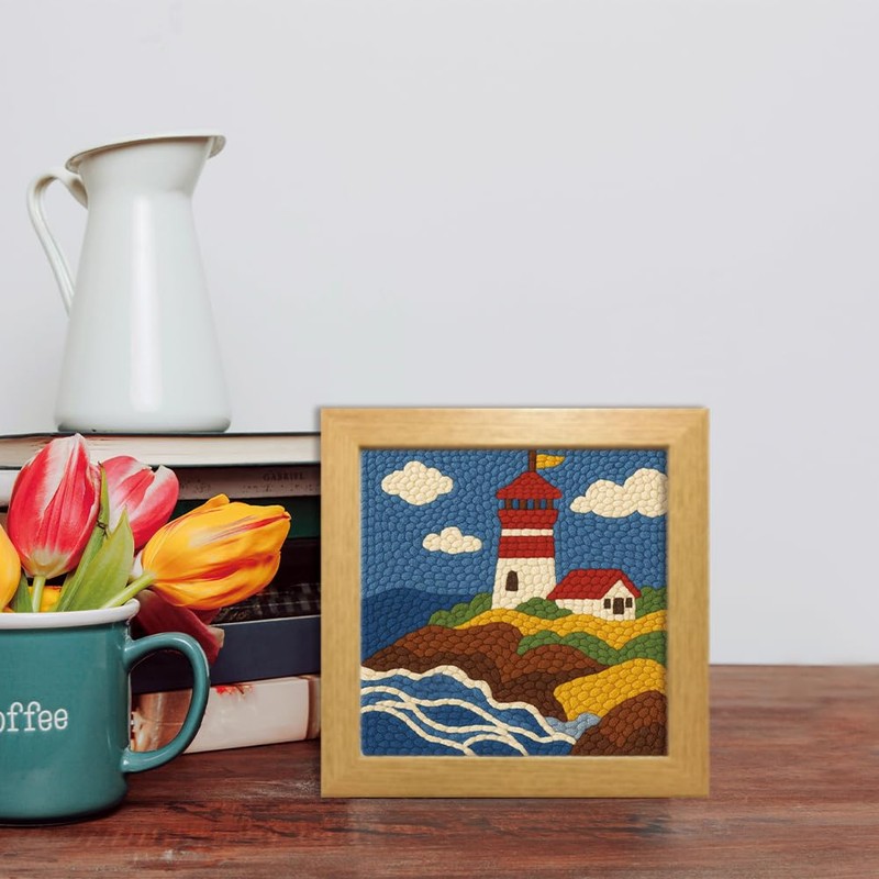 FREEBLOSS 9.4" x 9.4" Lighthouse Punch Needle Kits DIY Framed