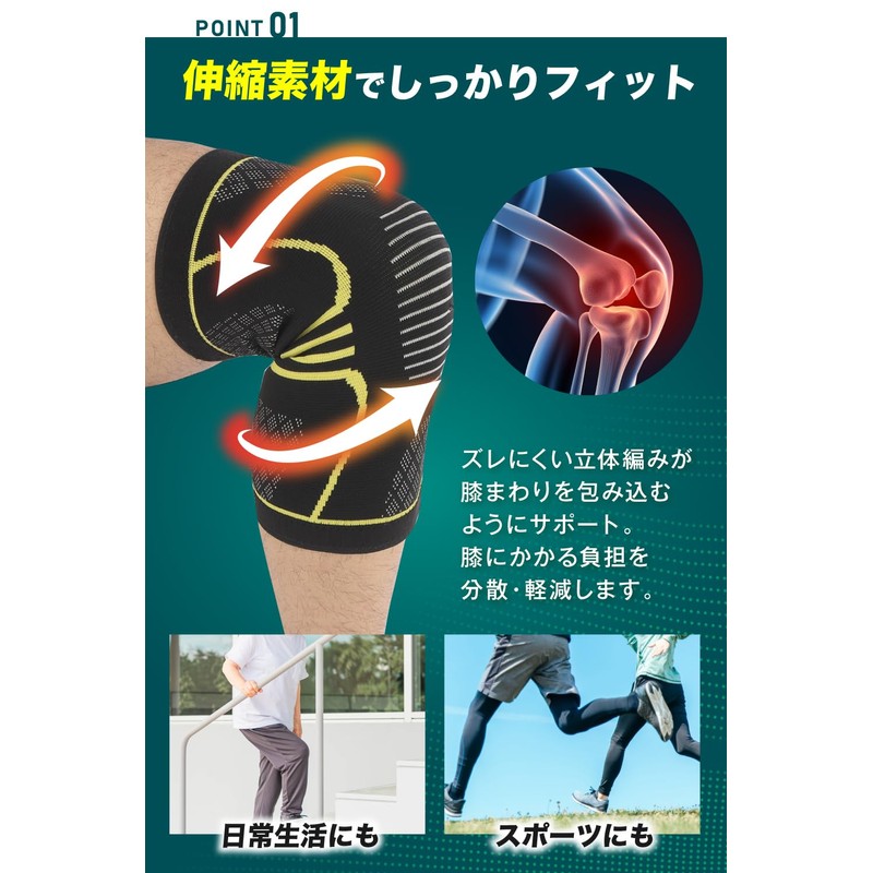 【集中保護&滑り止め】 膝サポーター 立体構造２枚入り 着圧 通気性 ひざ専用 歩行 スポーツ 衝撃吸収 男女兼用