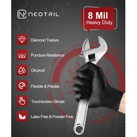 NEOTRIL 8 Mil Heavy Duty Disposable Nitrile Gloves with Raised Diamond Texture Grip Rubber Gloves, Latex & Powder Free Mechanic Gloves for Household Cleaning, Black | 50 Pcs